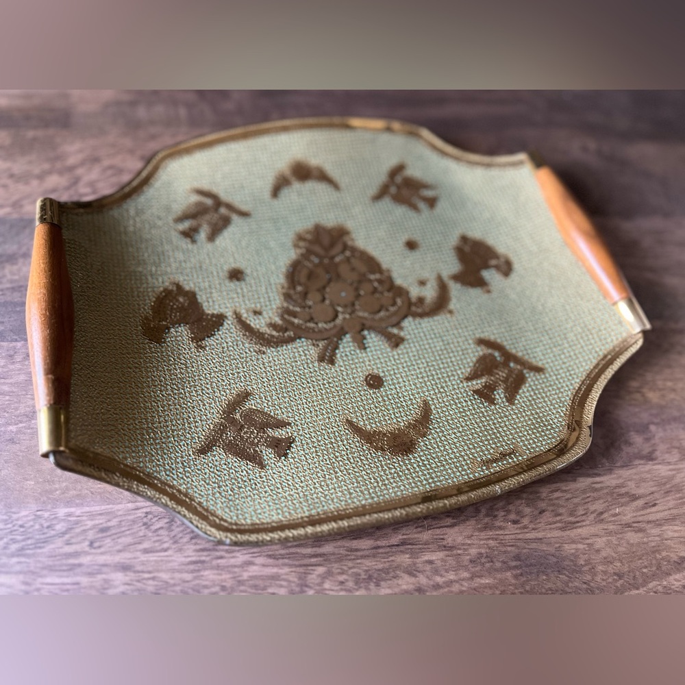 Georges Briard MCM Platter Tray 12.5x10" Gold with Birds Wooden Handles